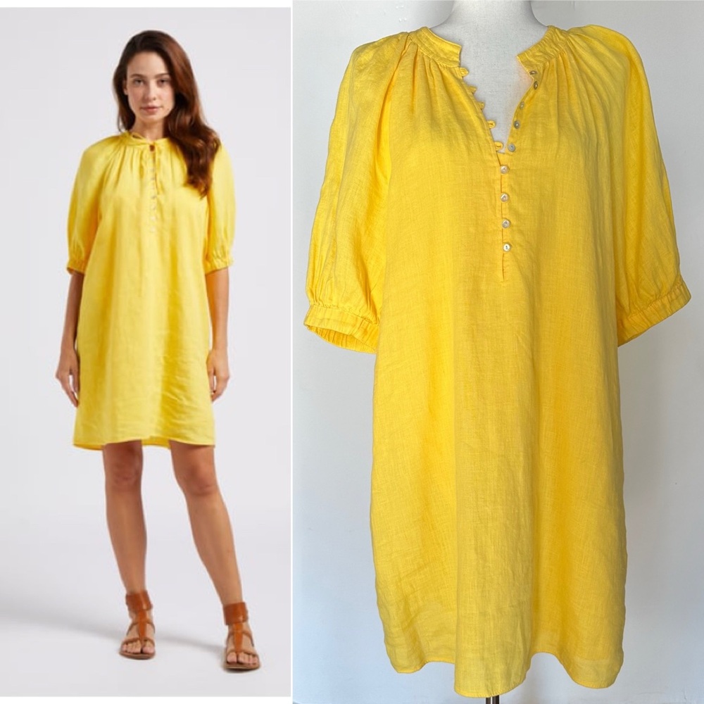 Maison 123 Paris Yellow Linen Gwyneth Summer Mini Dress Medium Boho Chic